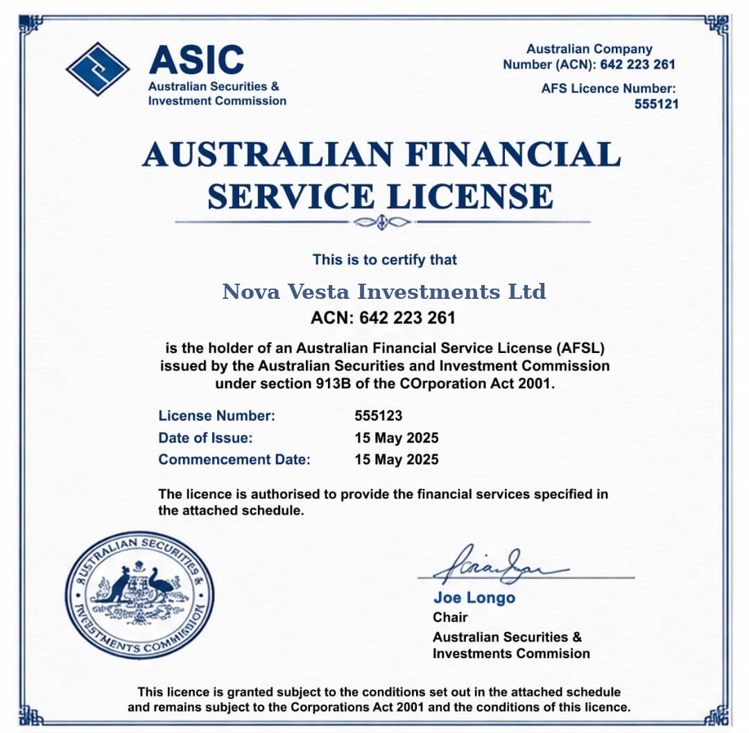 Australian Financial Services License certificate awarded to Nova Vesta Investments by the Australian Securities and Investments Commission (ASIC)