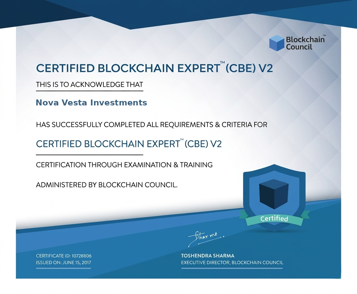Certified Blockchain Expert (CBE) V2 certificate awarded to Nova Vesta Investments by the Blockchain Council