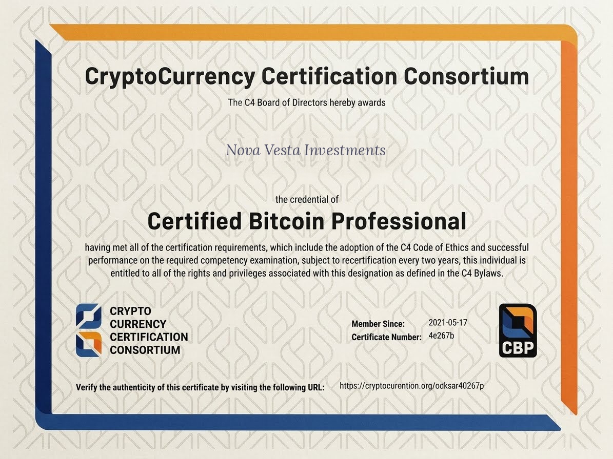 Certified Bitcoin Professional certificate awarded to Nova Vesta Investments by the CryptoCurrency Certification Consortium
