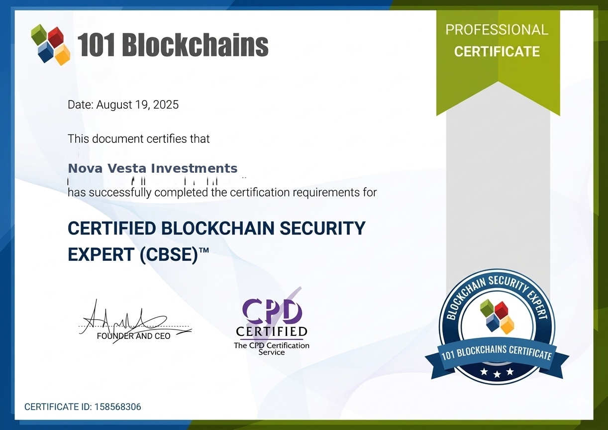 Certified Blockchain Security Expert (CBSE) certificate awarded to Nova Vesta Investments by 101 Blockchains