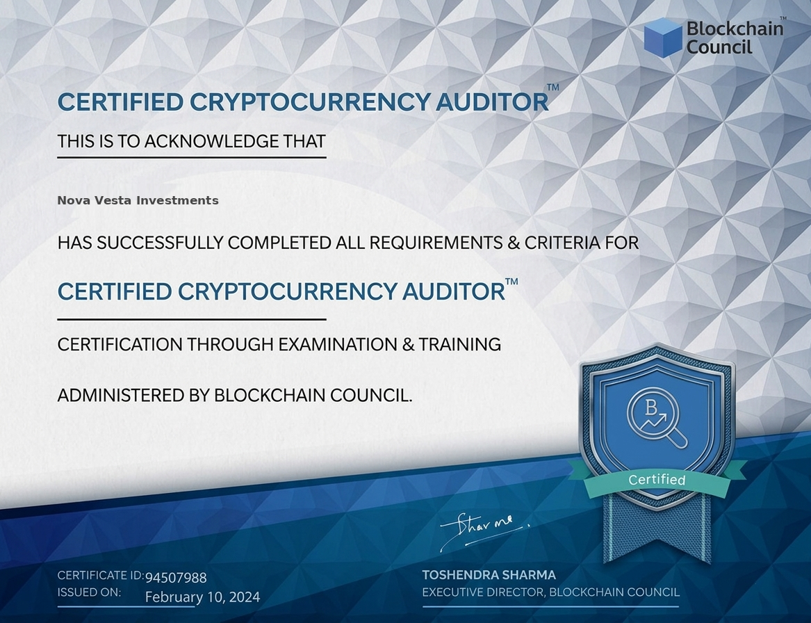 Certified Cryptocurrency Auditor certificate awarded to Nova Vesta Investments by Blockchain Council