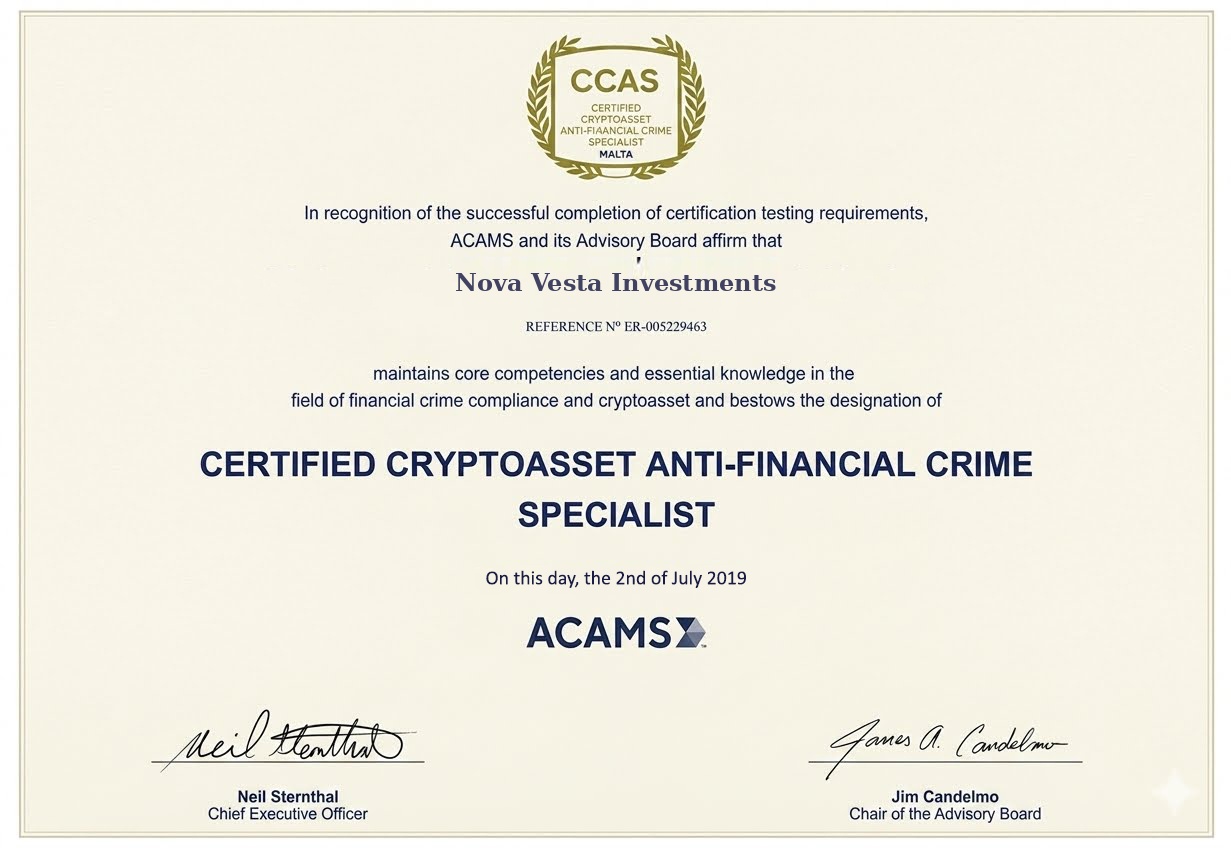 Certified Cryptoasset Anti-Financial Crime Specialist certificate awarded to Nova Vesta Investments by ACAMS