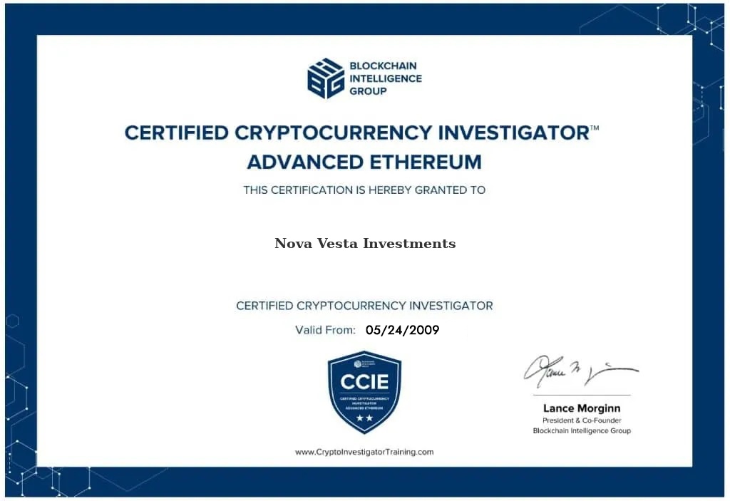 Certified Cryptocurrency Investigator – Advanced Ethereum (CCIE) certificate awarded to Nova Vesta Investments by Blockchain Intelligence Group