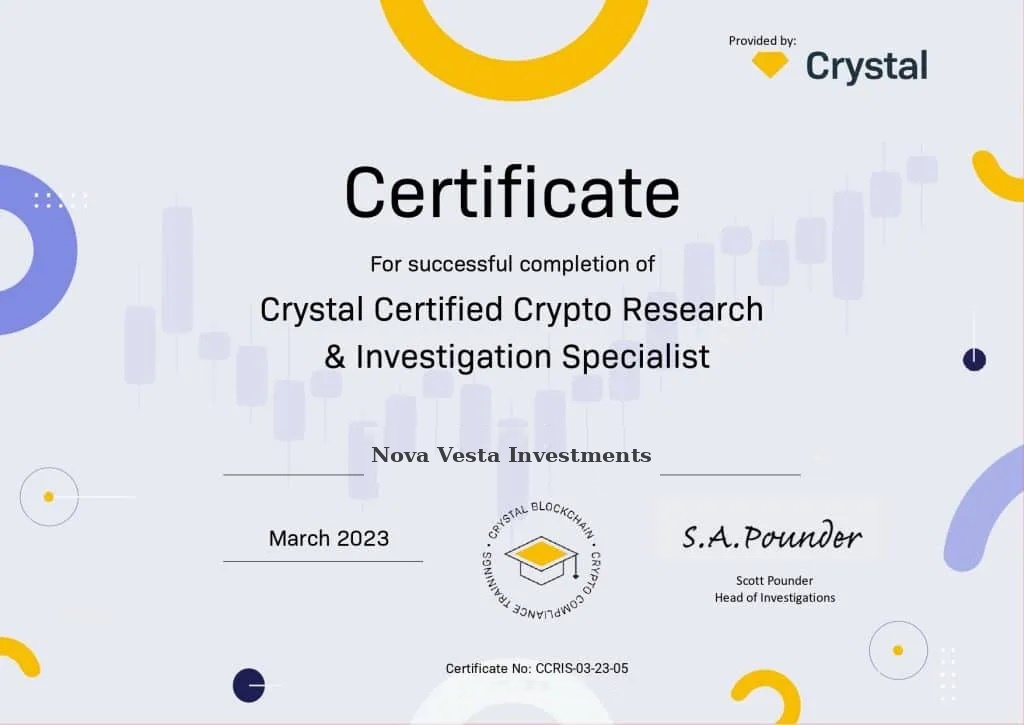 Crystal Certified Crypto Research & Investigation Specialist certificate awarded to Nova Vesta Investments