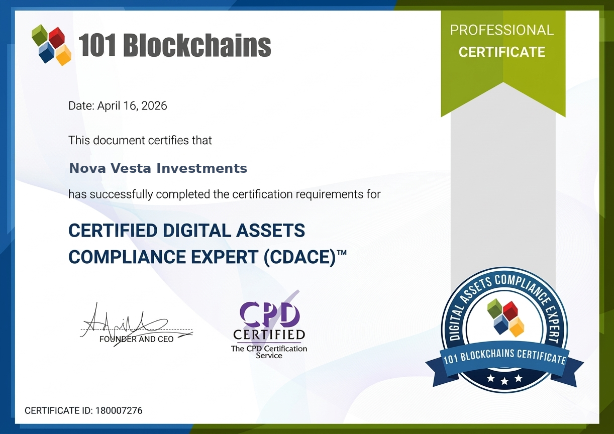 Certified Digital Assets Compliance Expert certificate awarded to Nova Vesta Investments by 101 Blockchains