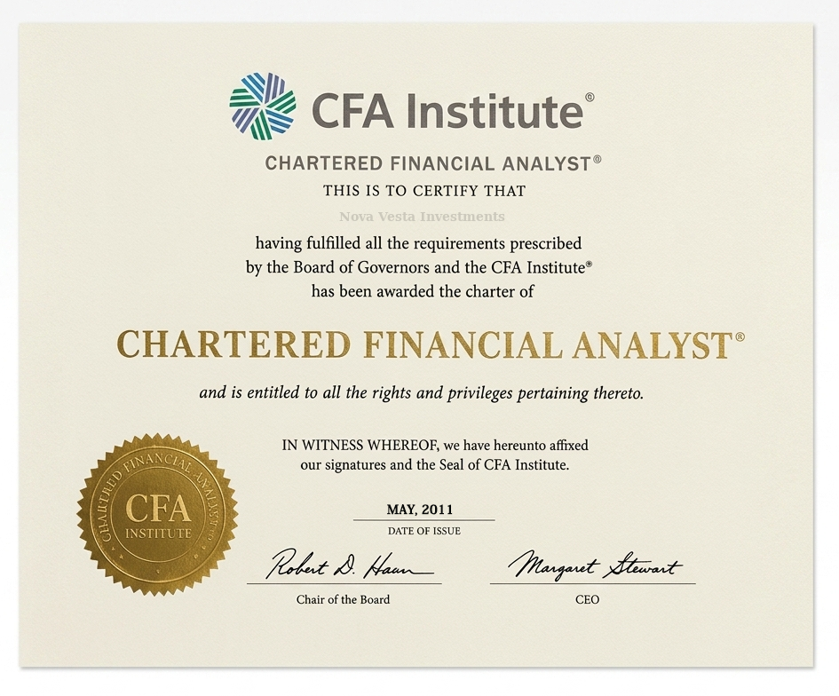Chartered Financial Analyst certificate awarded to Nova Vesta Investments by CFA Institute