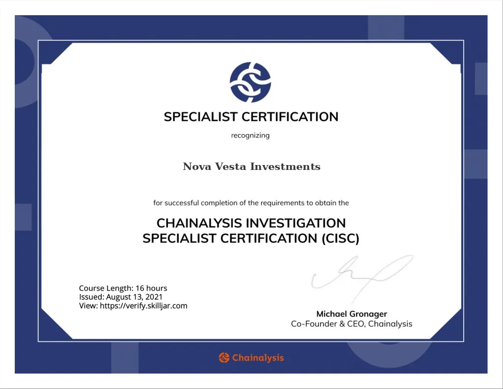 Chainalysis Investigation Specialist Certification awarded to Nova Vesta Investments