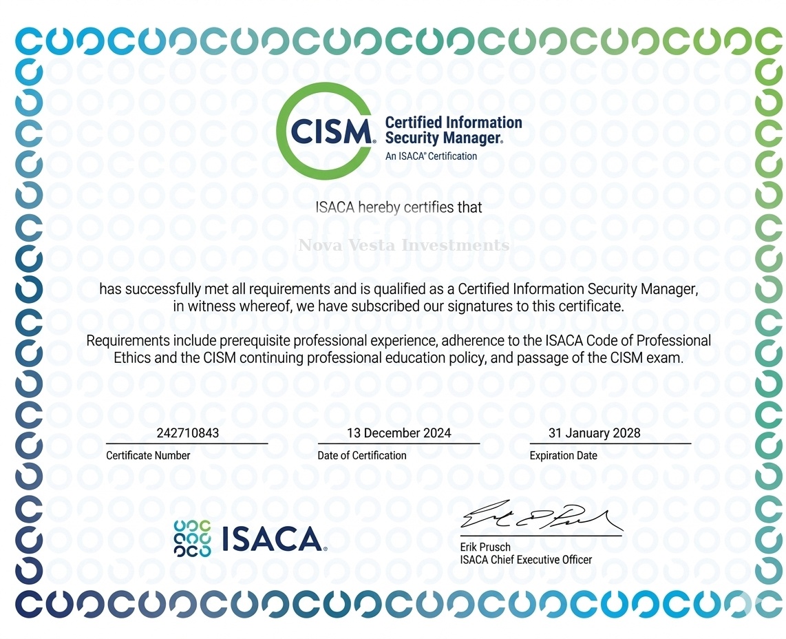 Certified Information Security Manager certificate awarded to Nova Vesta Investments by ISACA