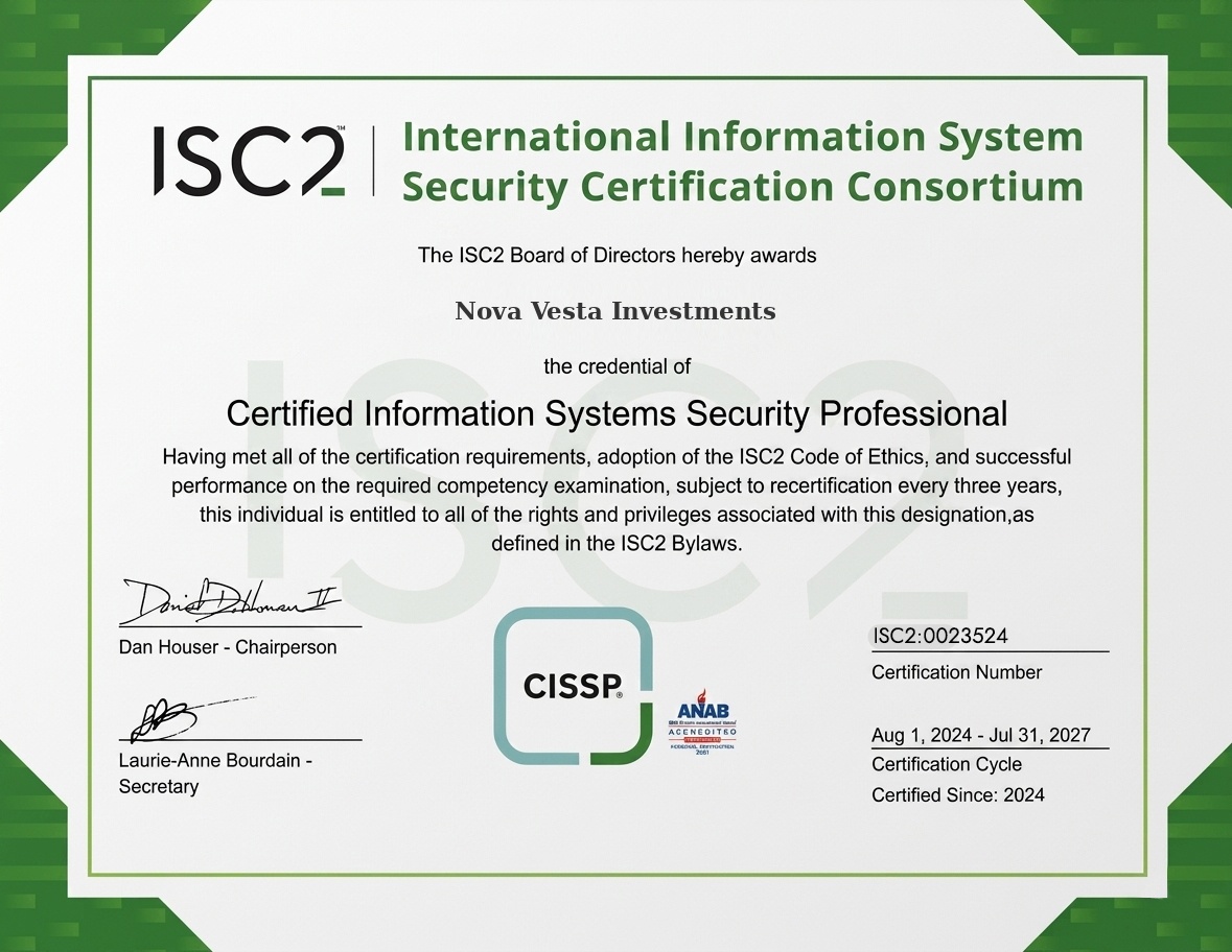 Certified Information Systems Security Professional certificate awarded to Nova Vesta Investments by ISC2