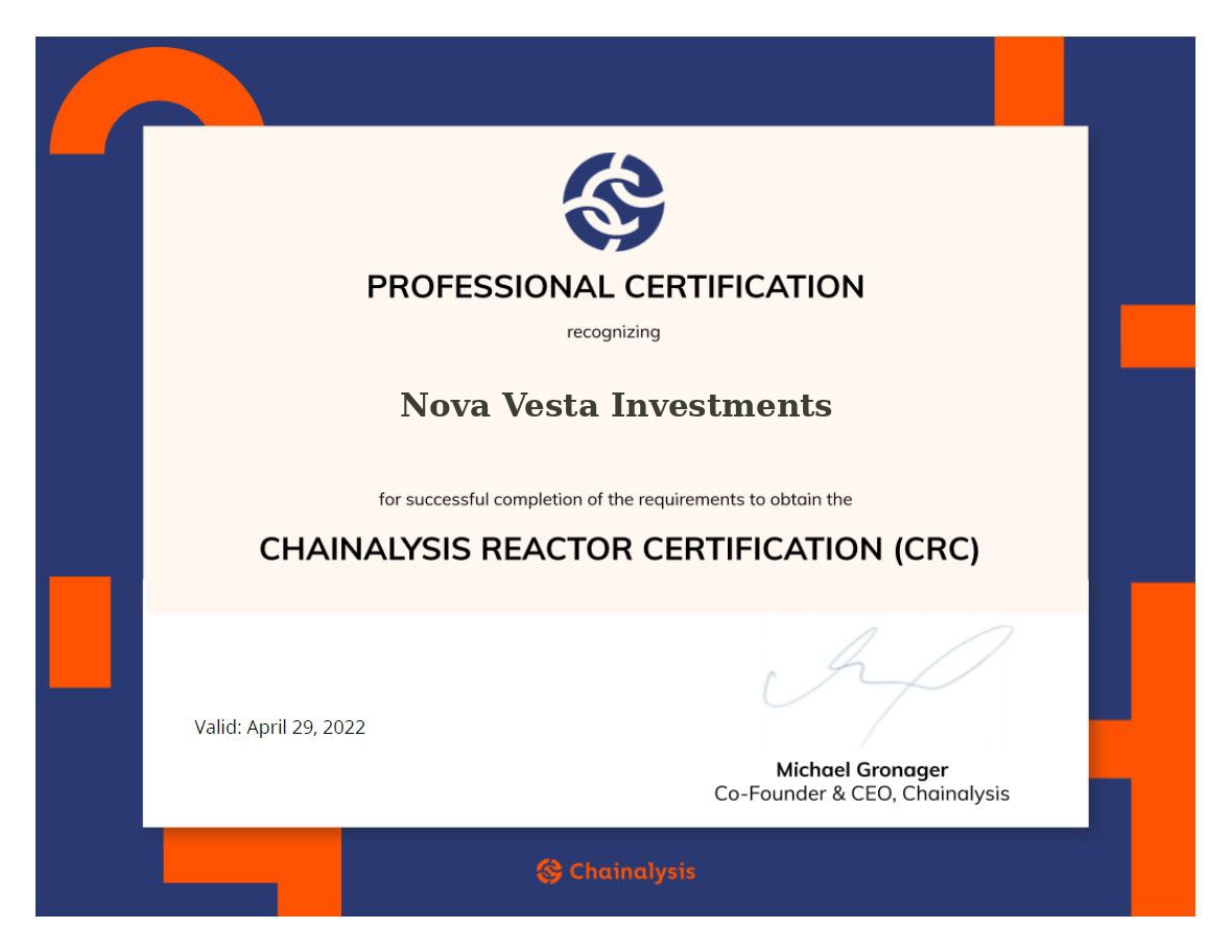 Chainalysis Reactor Certification awarded to Nova Vesta Investments