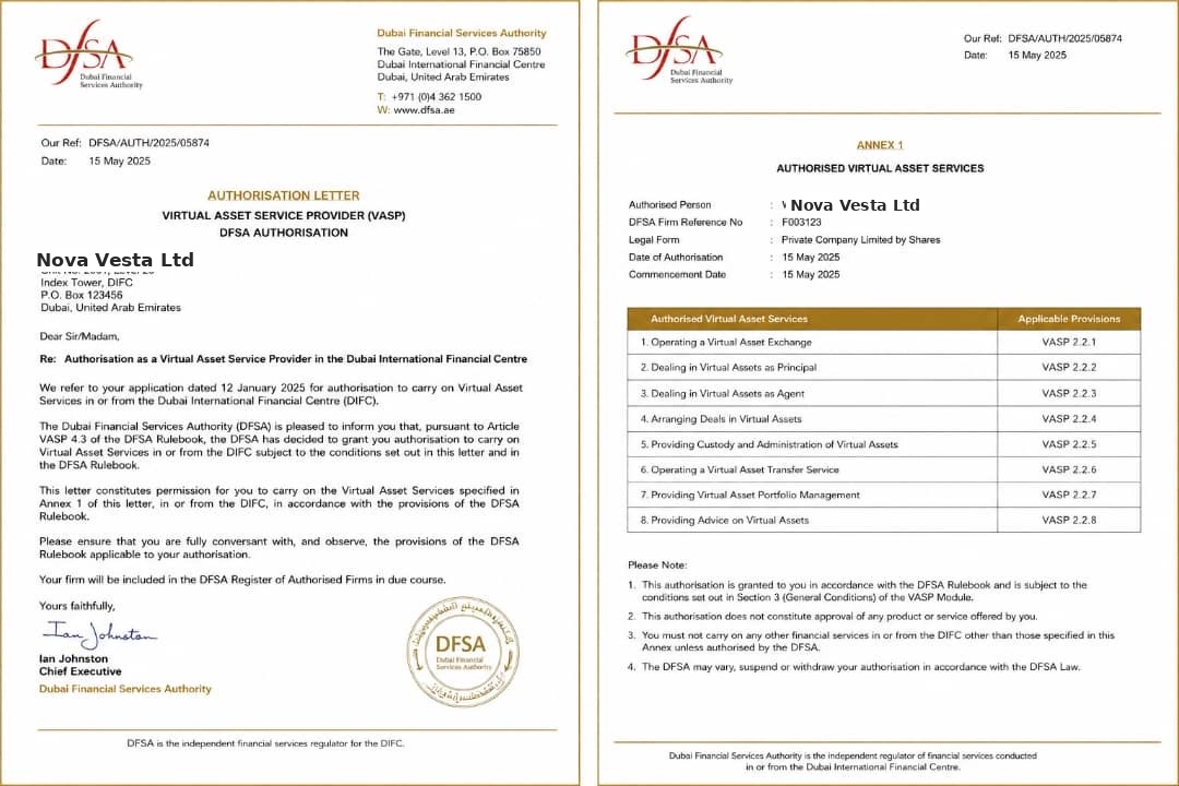 Dubai Financial Services Authority (DFSA) Virtual Asset Service Provider authorisation letter awarded to Nova Vesta Investments