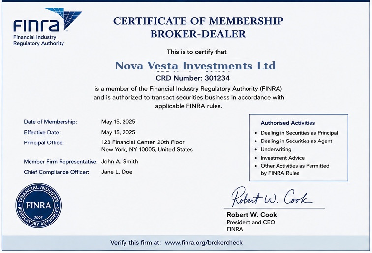 FINRA Certificate of Membership as a Broker-Dealer awarded to Nova Vesta Investments by the Financial Industry Regulatory Authority