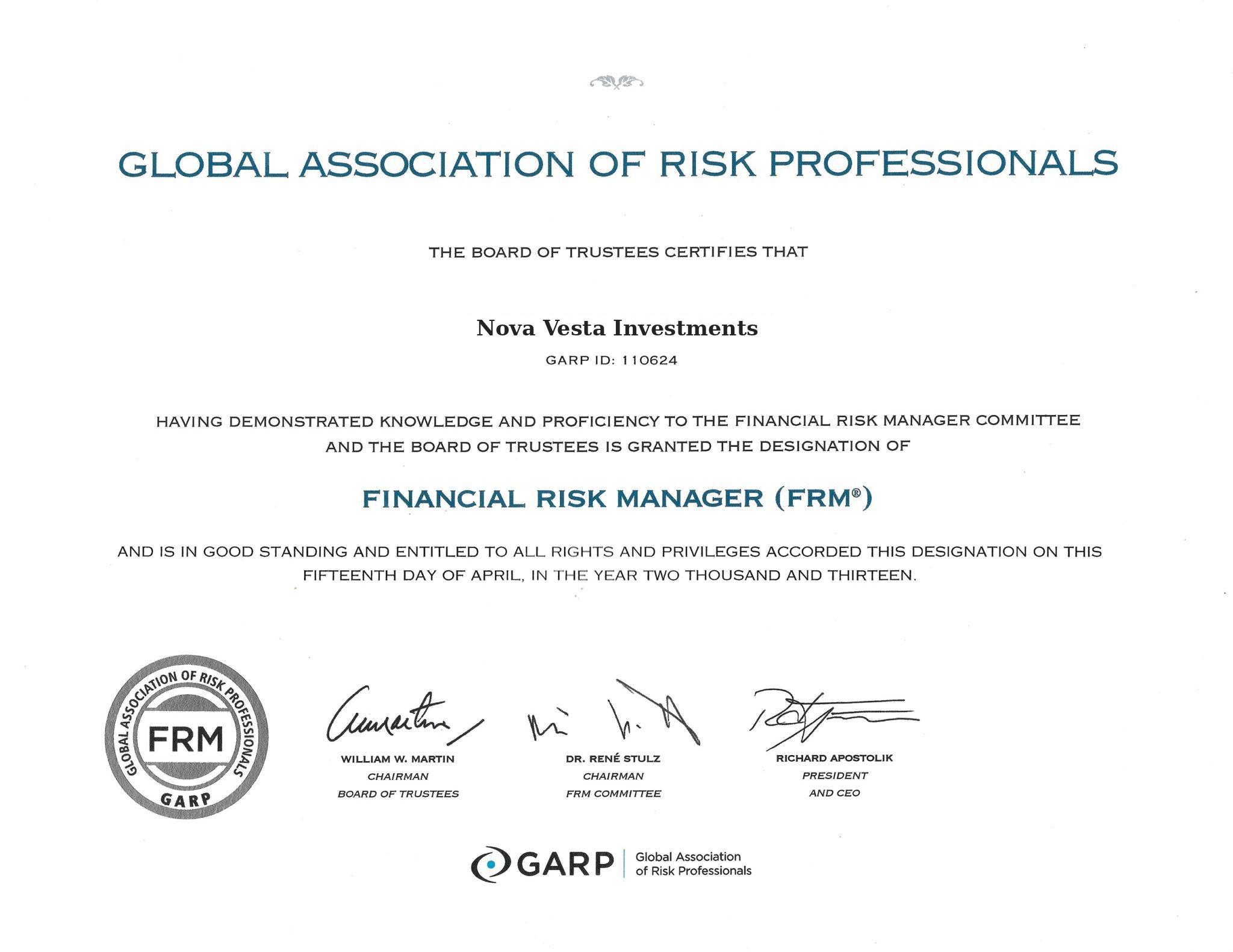 Financial Risk Manager certificate awarded to Nova Vesta Investments by GARP