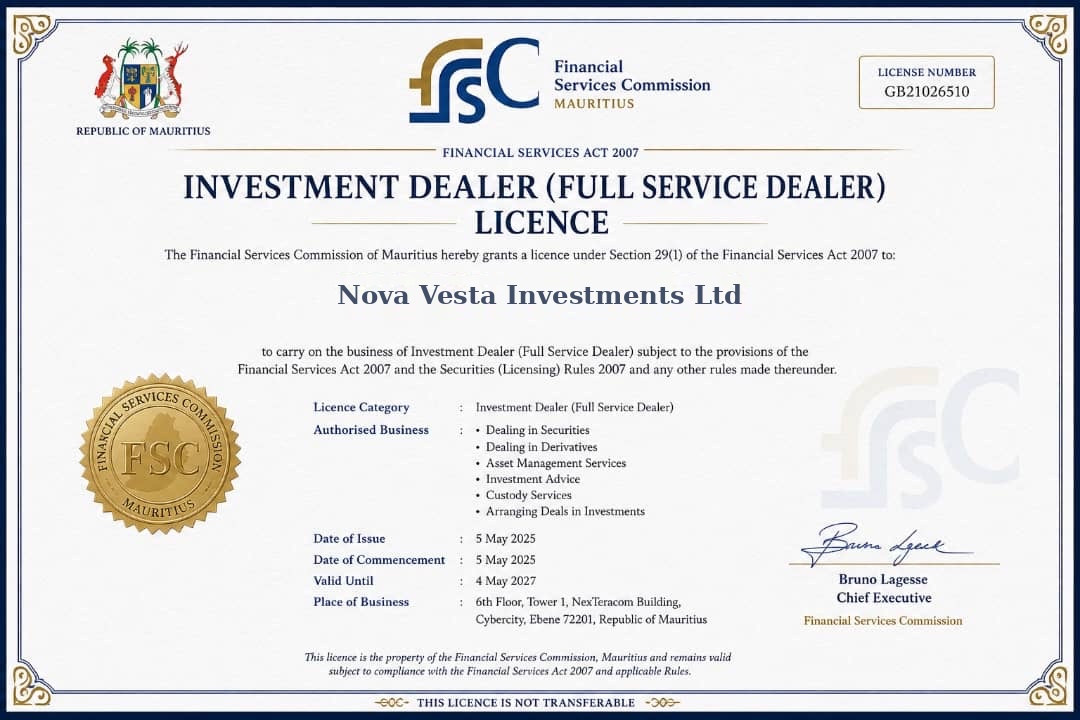 Investment Dealer (Full Service Dealer) Licence awarded to Nova Vesta Investments by the Financial Services Commission, Mauritius