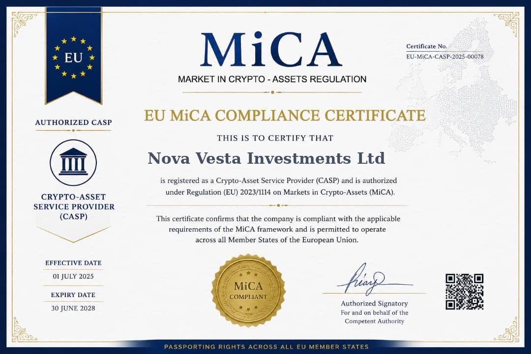 EU Markets in Crypto-Assets (MiCA) Compliance Certificate awarded to Nova Vesta Investments as an authorized Crypto-Asset Service Provider